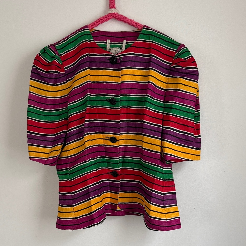Vintage Linen Striped Jacket Top Colorful Retro Size 10